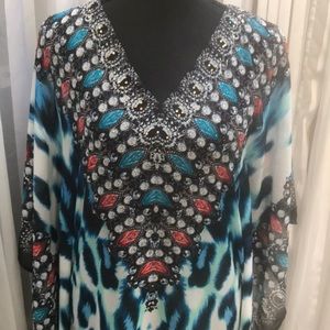 ASA Kaftan NWT blue animal print long V-neck med